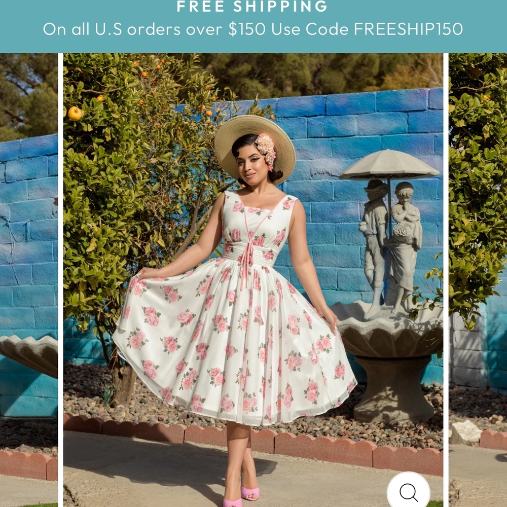 Fit-and-Flare Midi Dress in White with Pink Rose Print